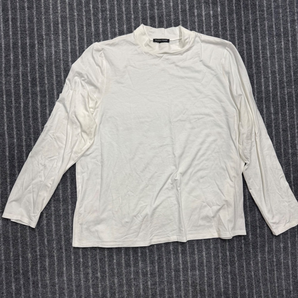 Eileen Fisher Womens Mock Neck Top XL White Tencel Lyocell Long Sleeve Minimal